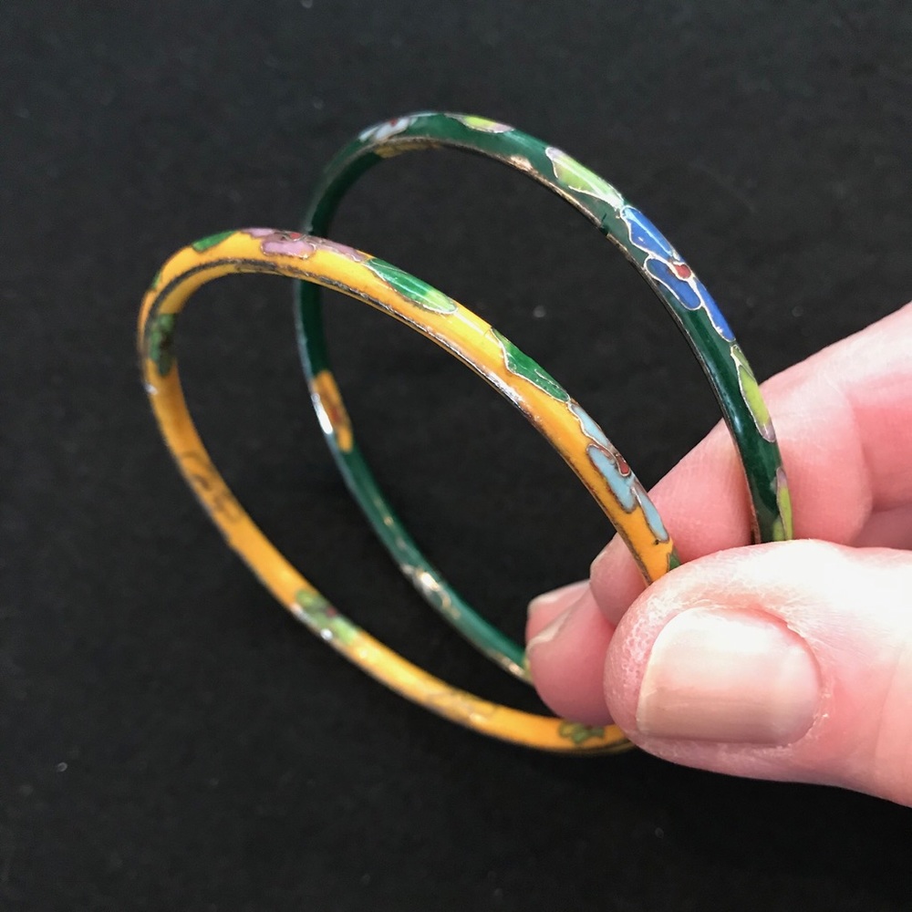 Two Cloisonné bangles, yellow and green